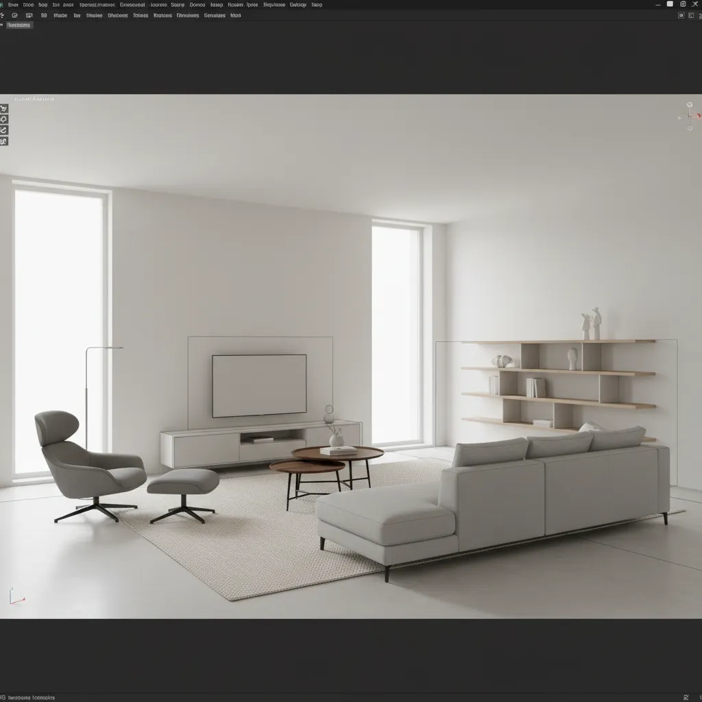 3D interior layout model showing furniture arrangement in design software