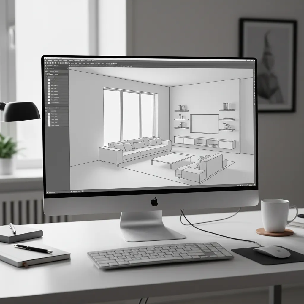 SketchUp interior room model layout on screen