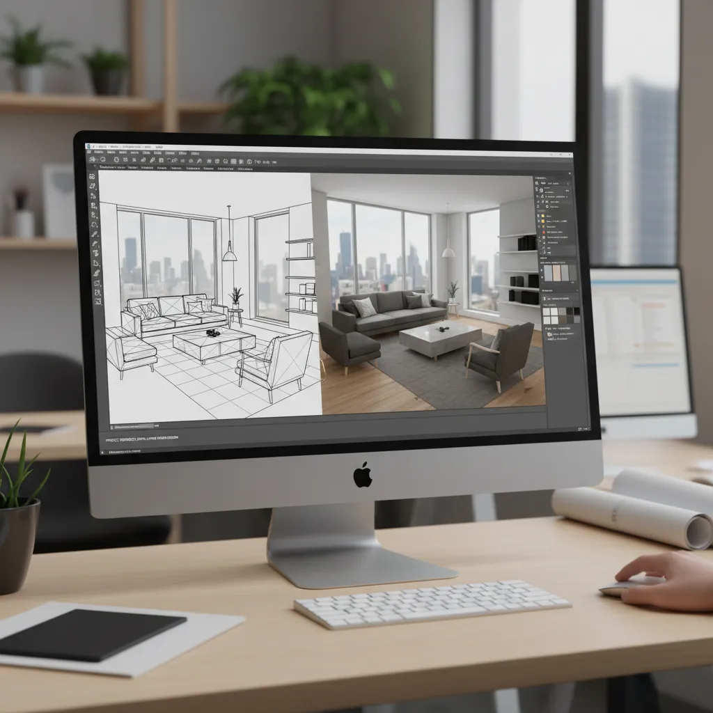SketchUp interface displaying a 3D interior room model with furniture layout