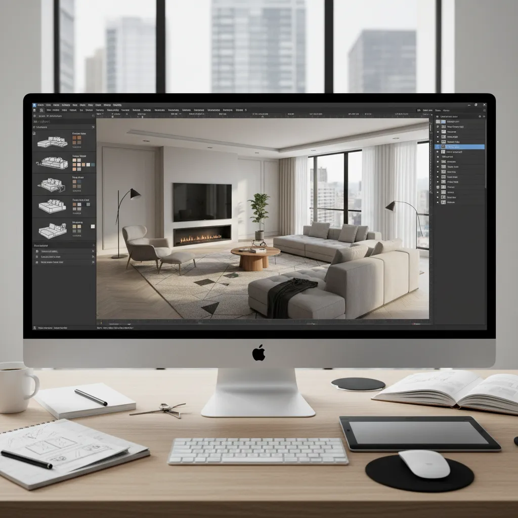 Modelo 3D de una sala creado en un programa de diseño similar a SketchUp