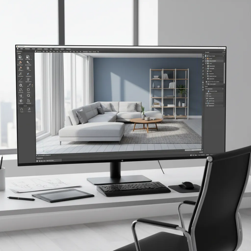 SketchUp interior design modeling interface showing living room layout