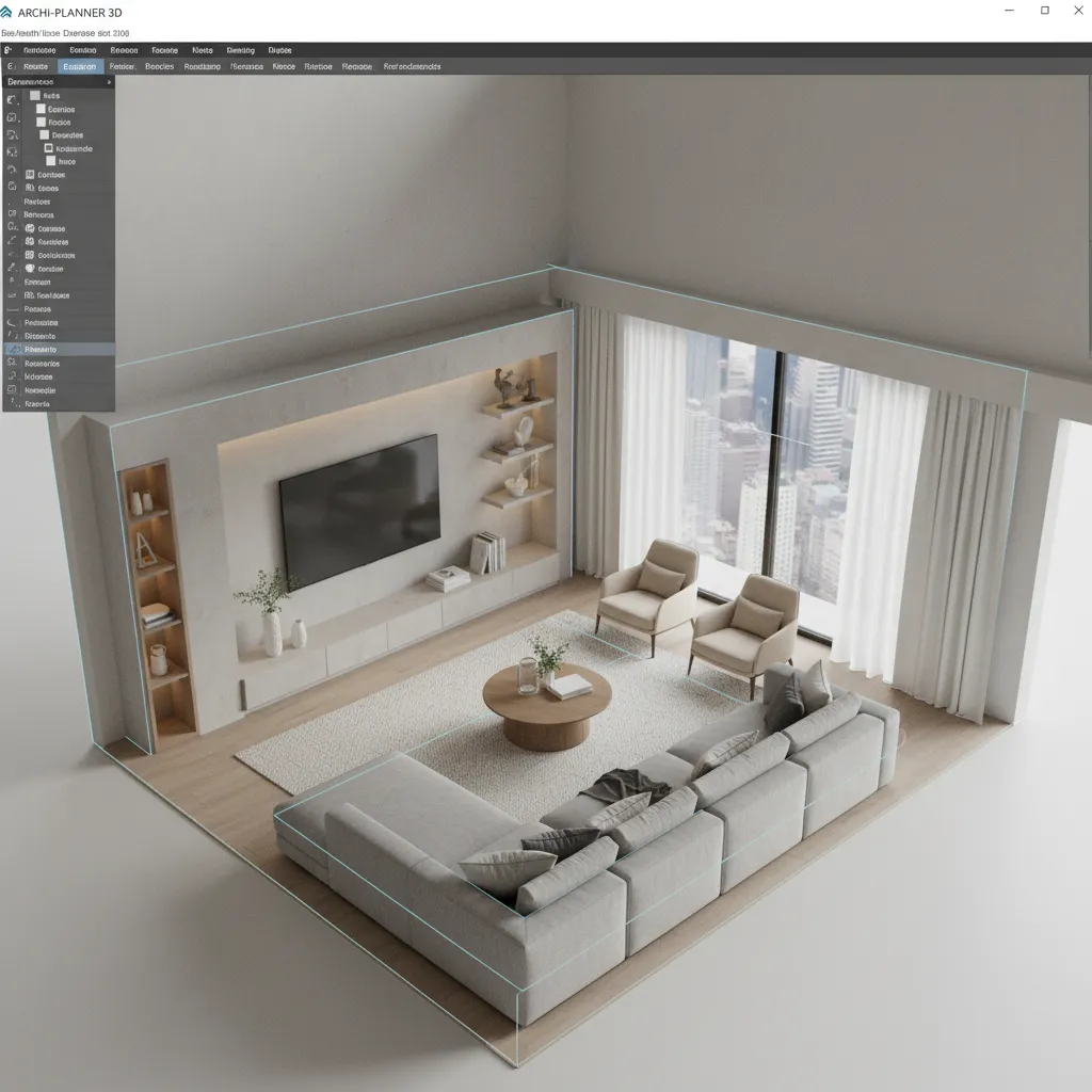 3D interior room model created in design software showing furniture layout