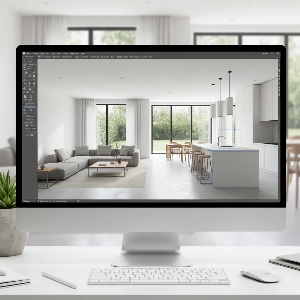 SketchUp interior modeling workspace with 3D room model