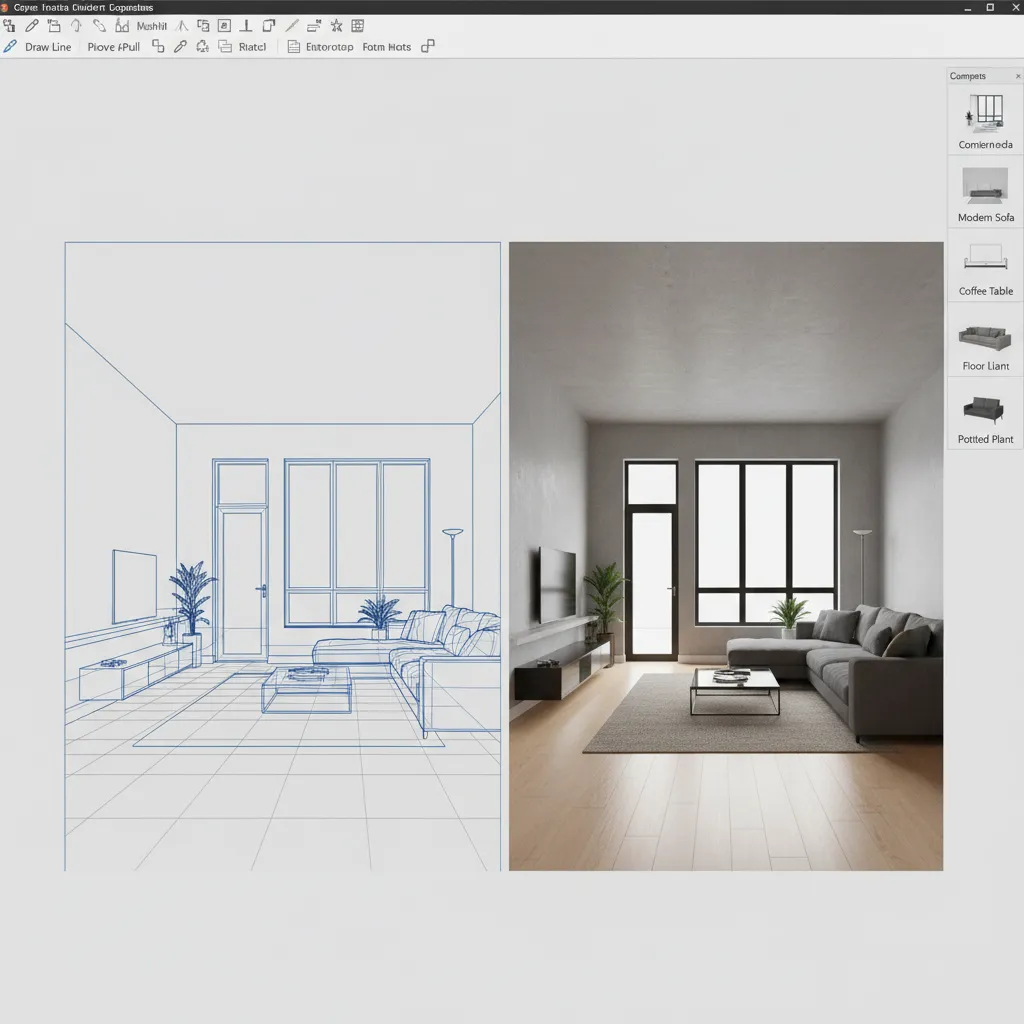 SketchUp interface showing interior room layout with furniture models