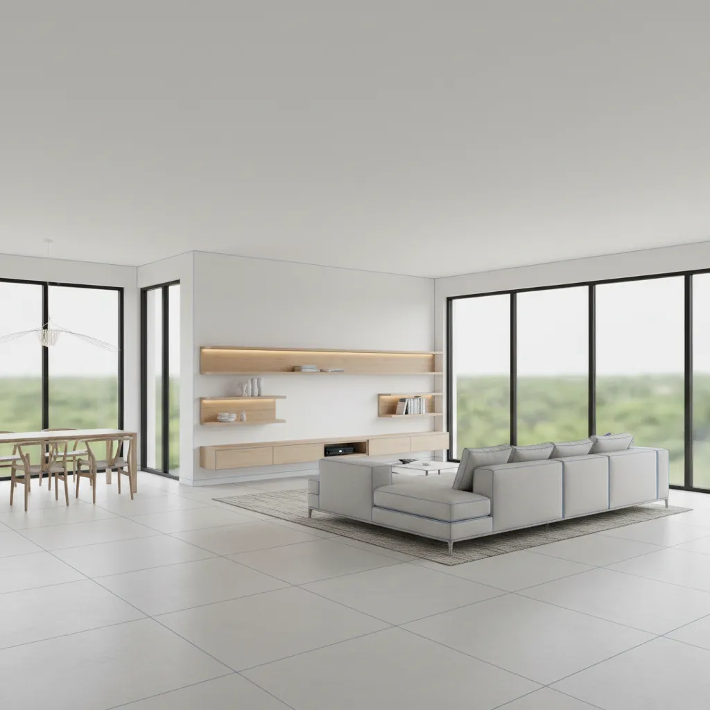 sketchup style interior modeling view of a modern living room with furniture components