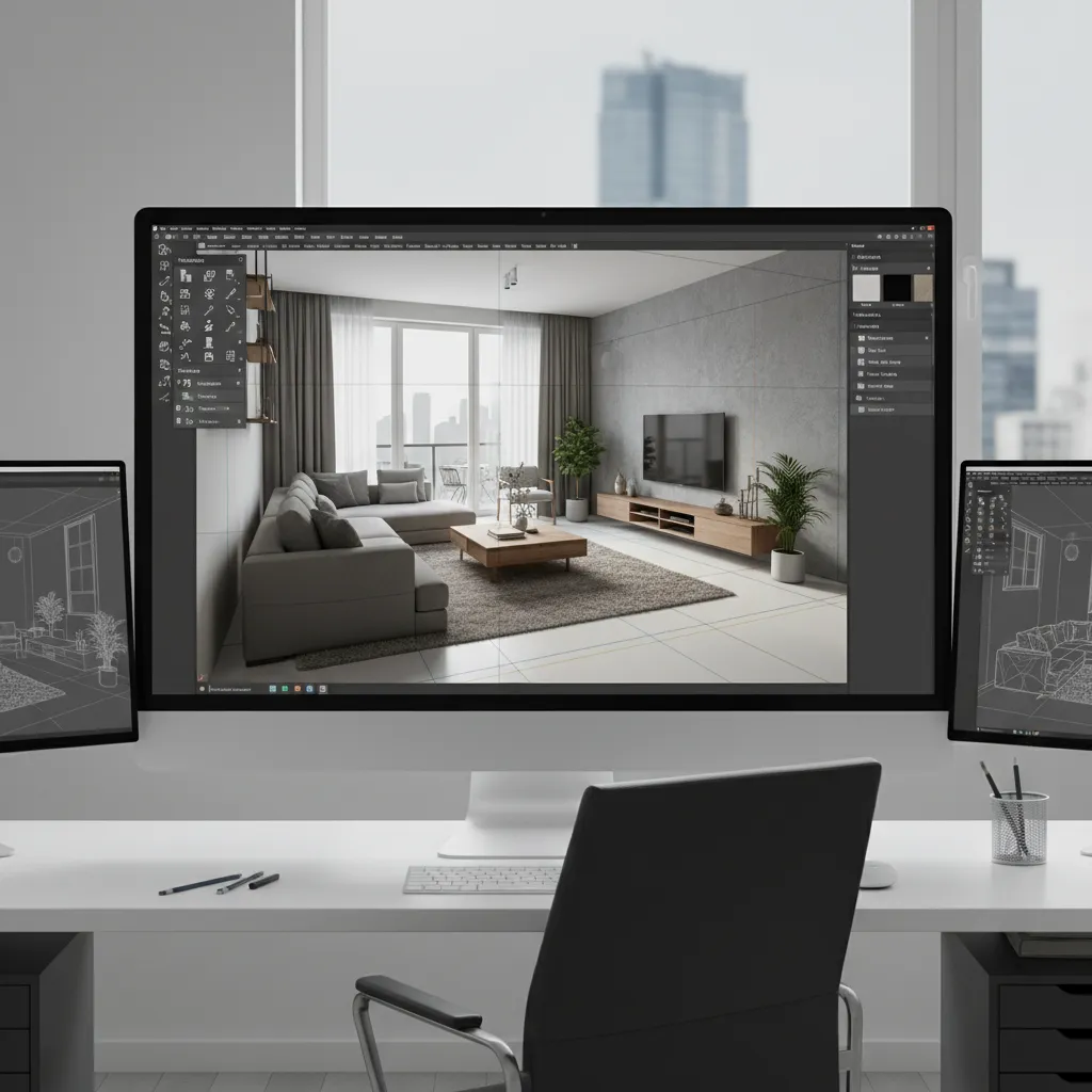 SketchUp style 3D interior modeling of a modern living room with accurate furniture scale