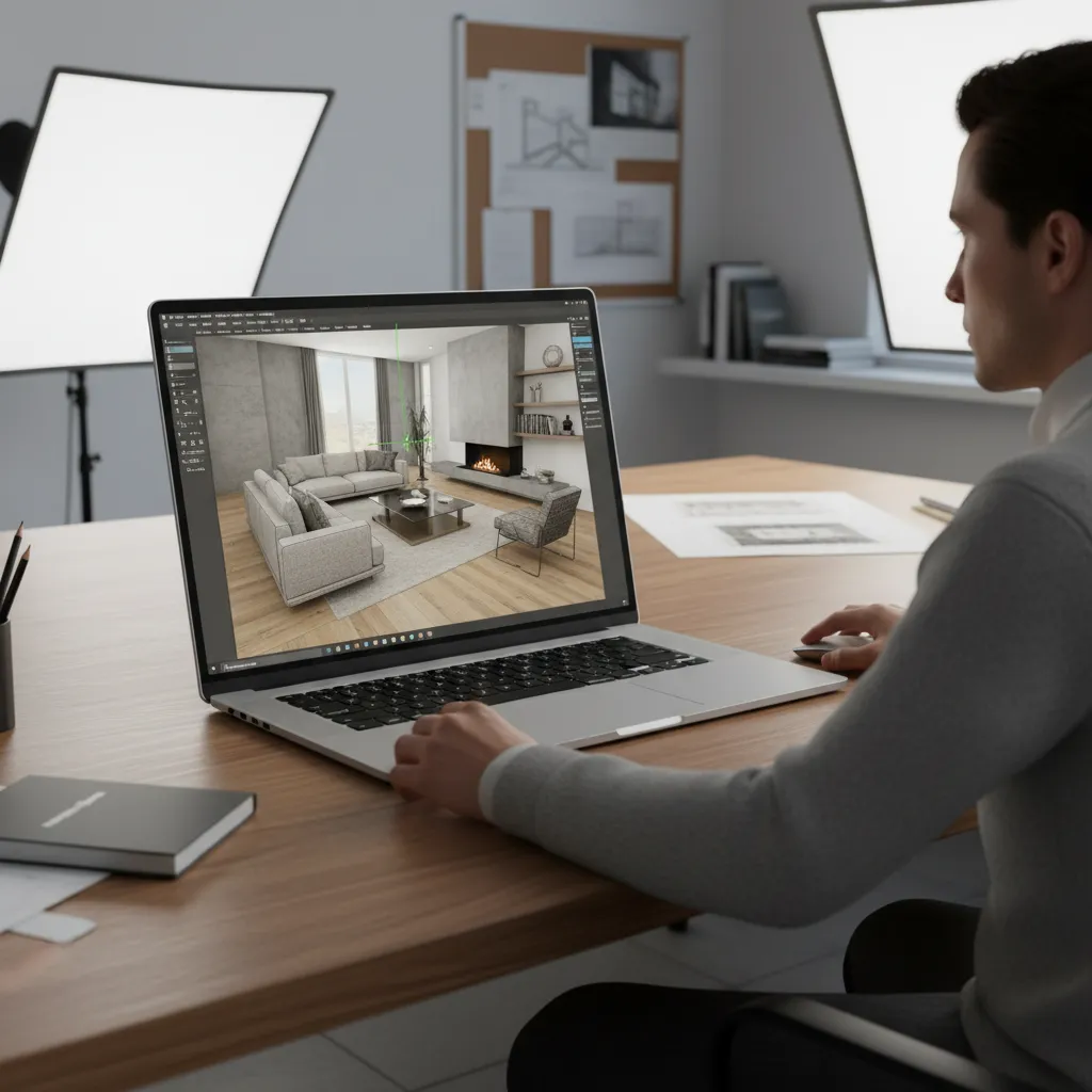 Modelado de un salón moderno en SketchUp en proceso