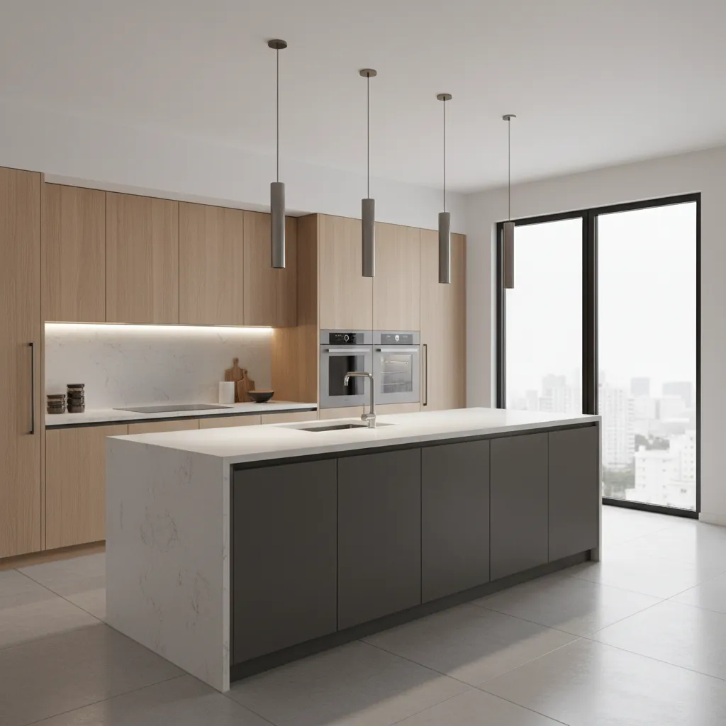 3D kitchen model created in SketchUp showing cabinets island and lighting