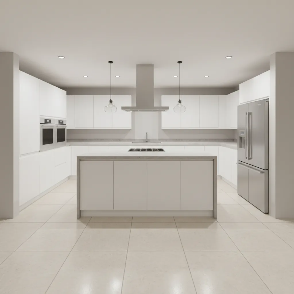 3D kitchen model created in modeling software showing cabinets and appliances