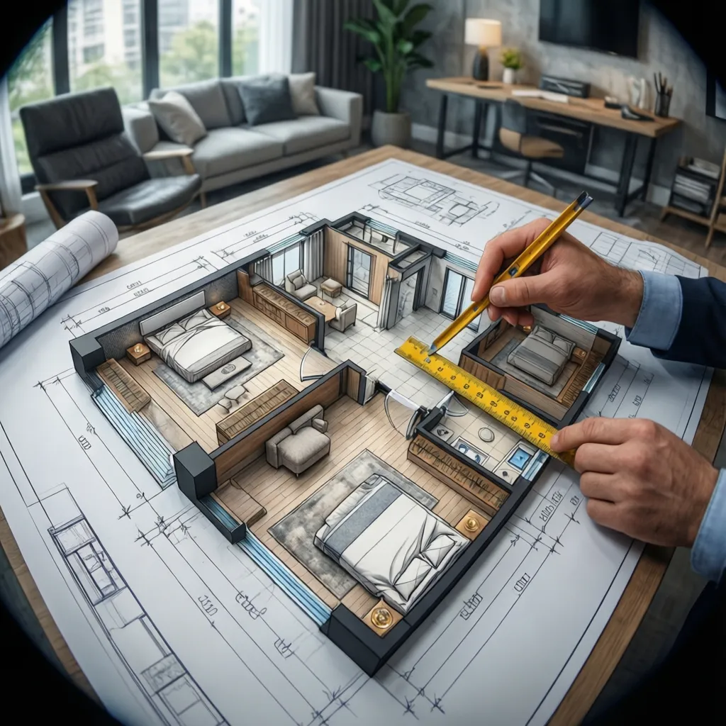 A person using a yellow ruler to measure a detailed 3D house floor plan drawing