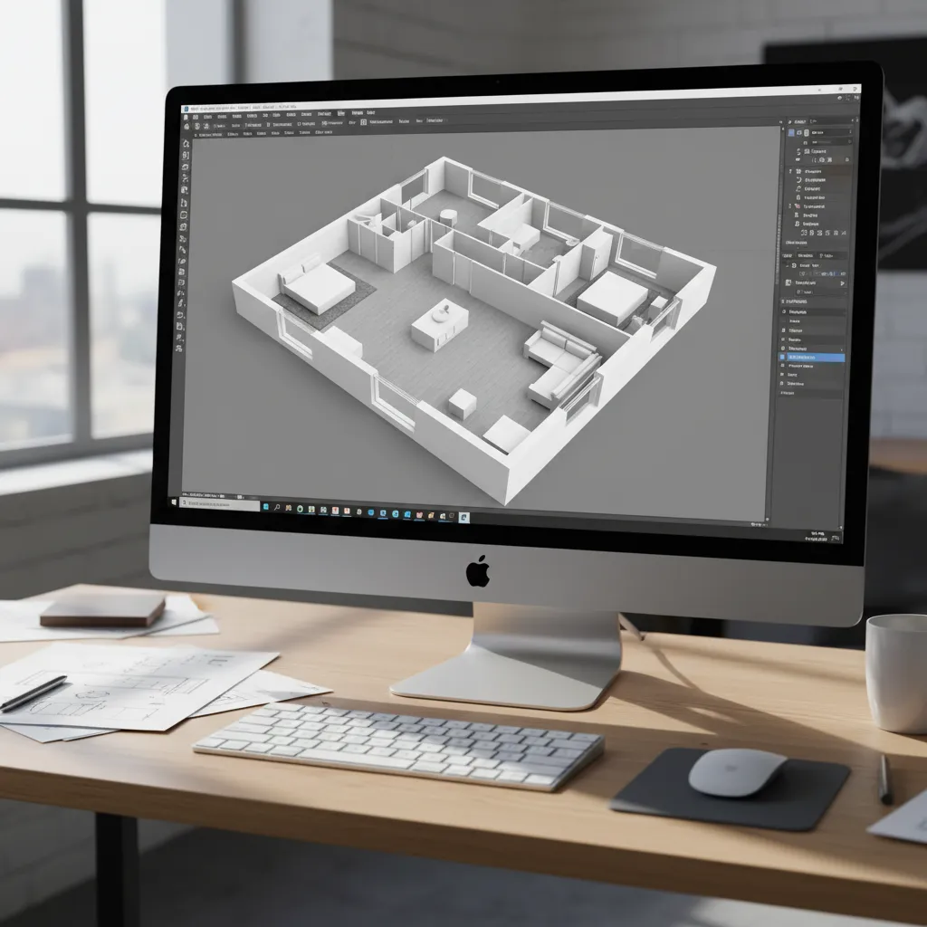 Coohom software on computer monitor showing a 3D white house floor plan design room layout