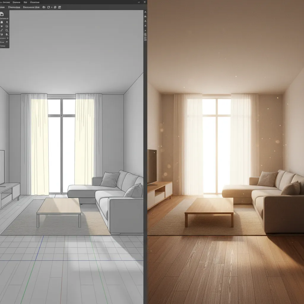 SketchUp interior model with rendering plugin producing realistic lighting