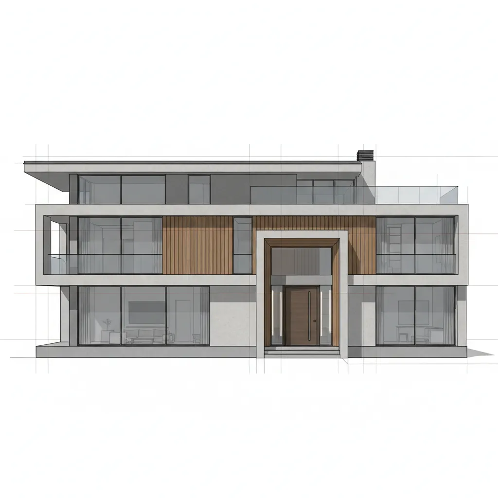 3D house elevation model displayed in architectural modeling software environment