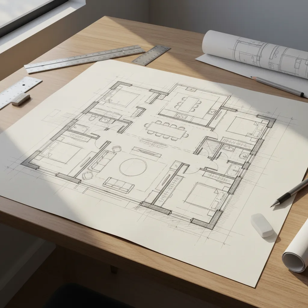 Hand drawn house floor plan sketch on wooden desk with rulers, pens, and white erasers