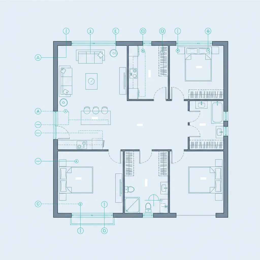 Interior design drawing showing a three bedroom house layout with living room kitchen and bathrooms