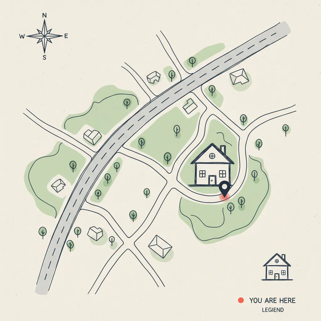 Sketsa denah lokasi rumah dengan jalan utama dan tanda rumah