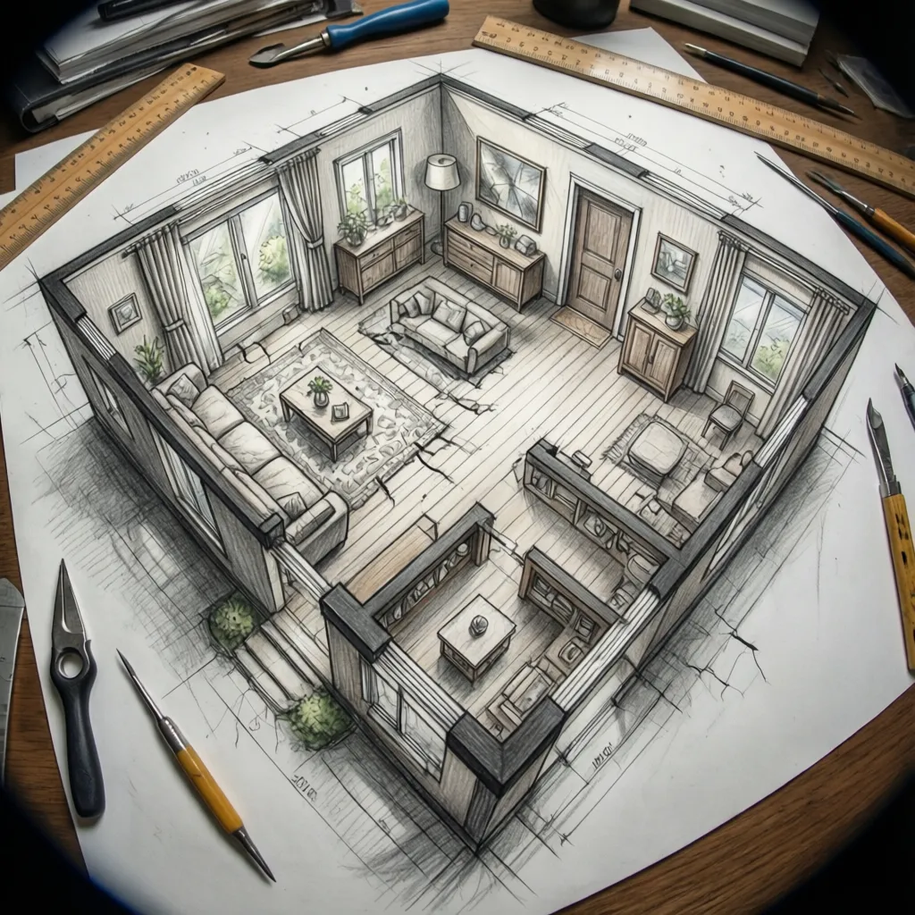 Sketsa konsep denah rumah di lahan 100 meter