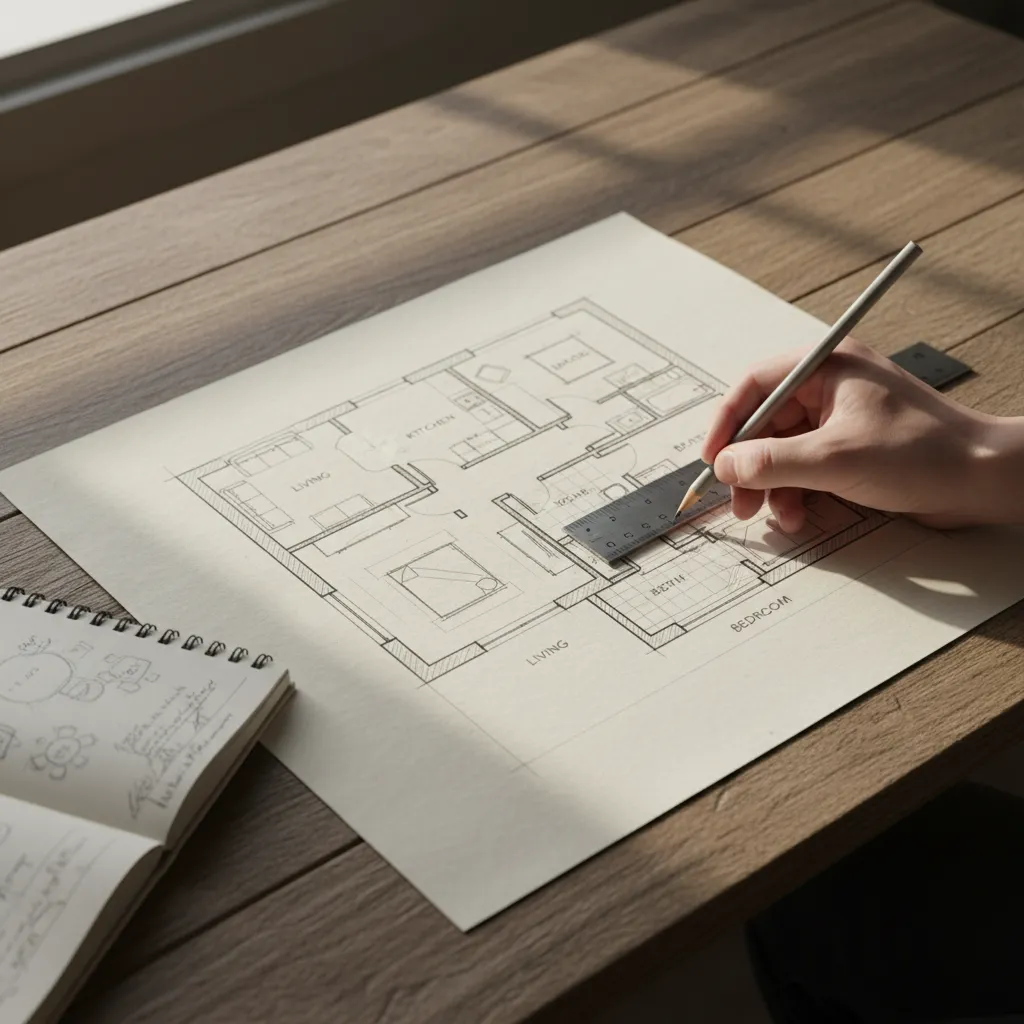 Person drawing an interior design drawing on paper using a pencil and ruler on table