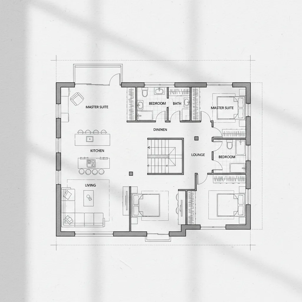 Interior design drawing showing a house floor plan with bedrooms, kitchen, living room, and stairs