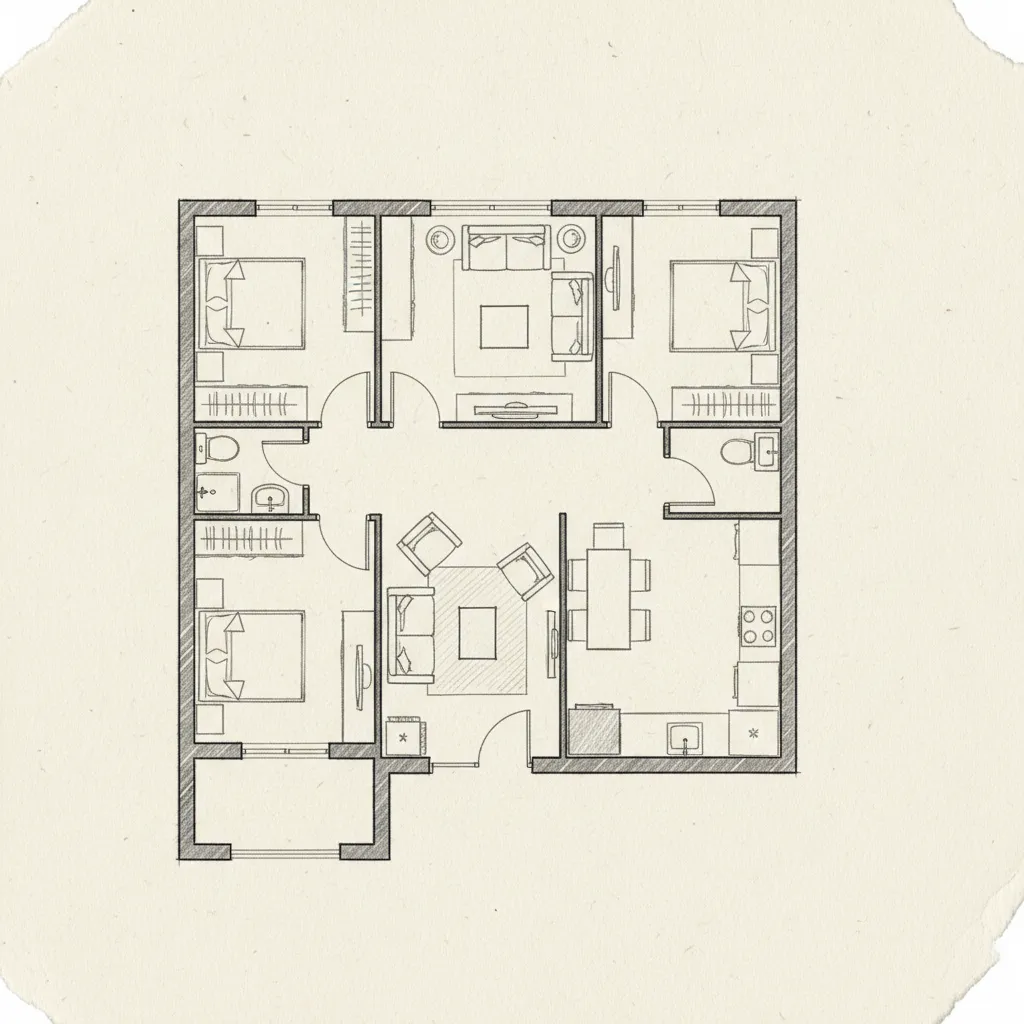 Hand drawn interior design drawing showing a three bedroom house layout with furniture and rooms