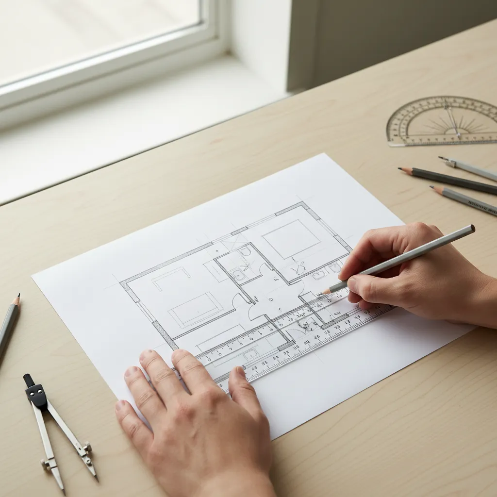 sketsa awal denah rumah sederhana di atas kertas