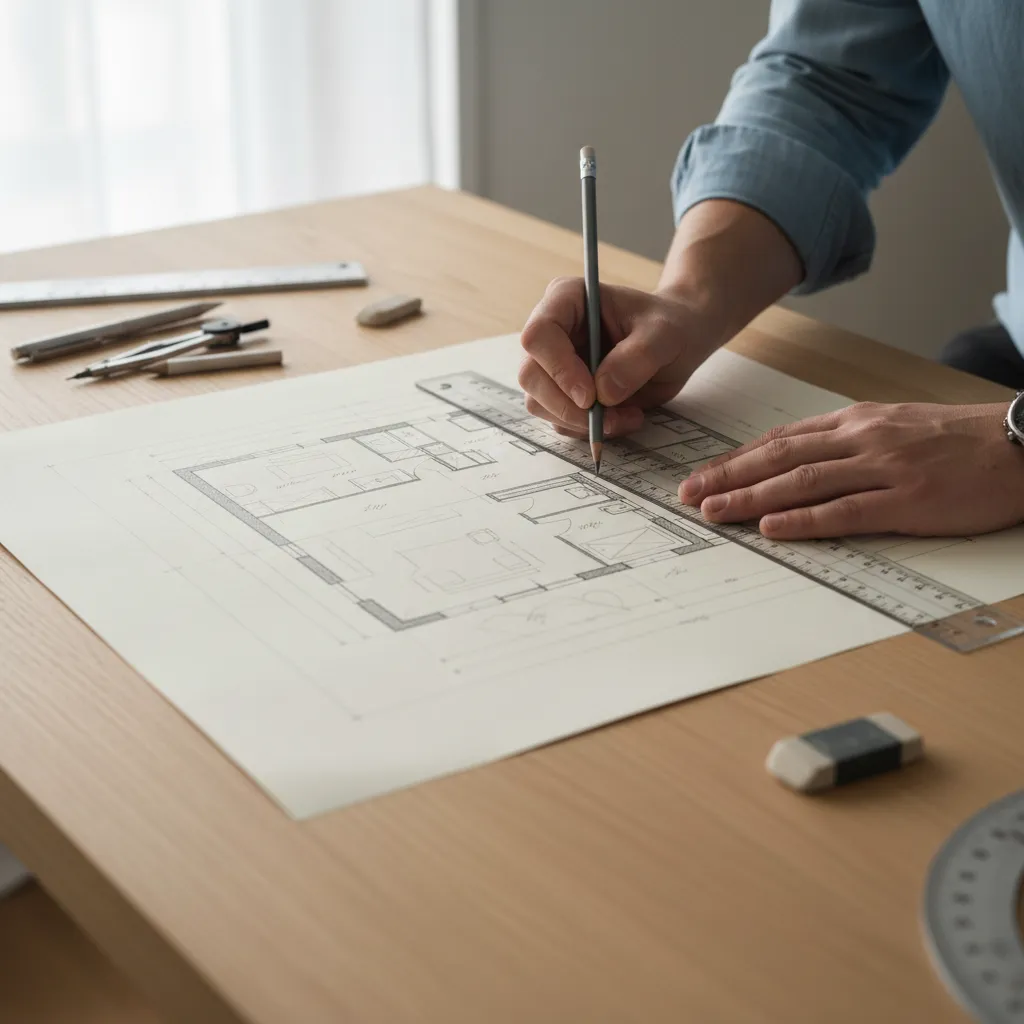 Hands using a pencil and ruler to create a hand drawn interior design drawing layout