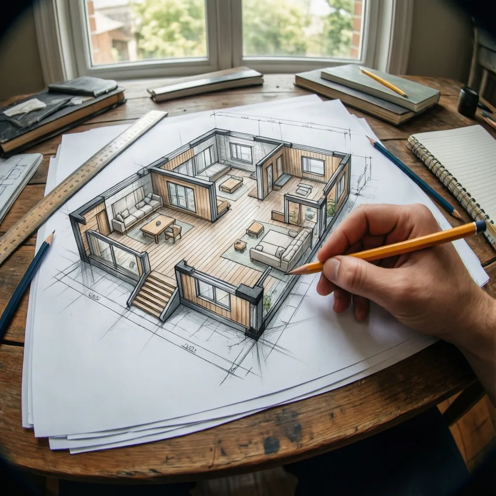Hand drawing a detailed three dimensional interior design drawing on paper using a yellow pencil