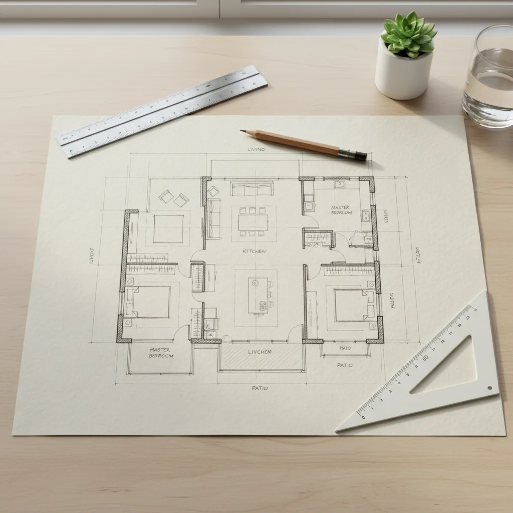 Hand-drawn house floor plan on paper with pencil ruler triangle ruler small plant and glass