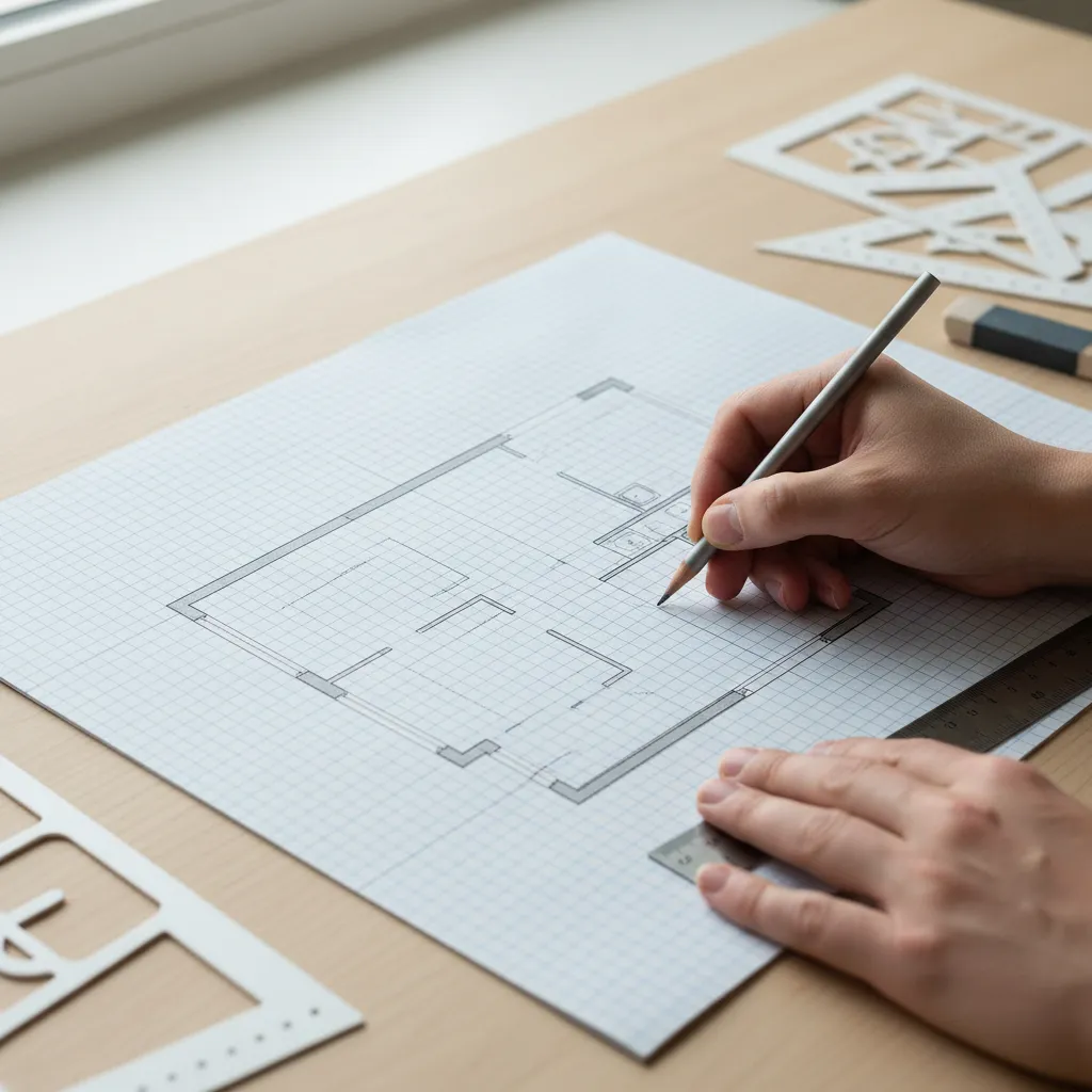 Sketsa denah rumah dengan garis grid perhitungan