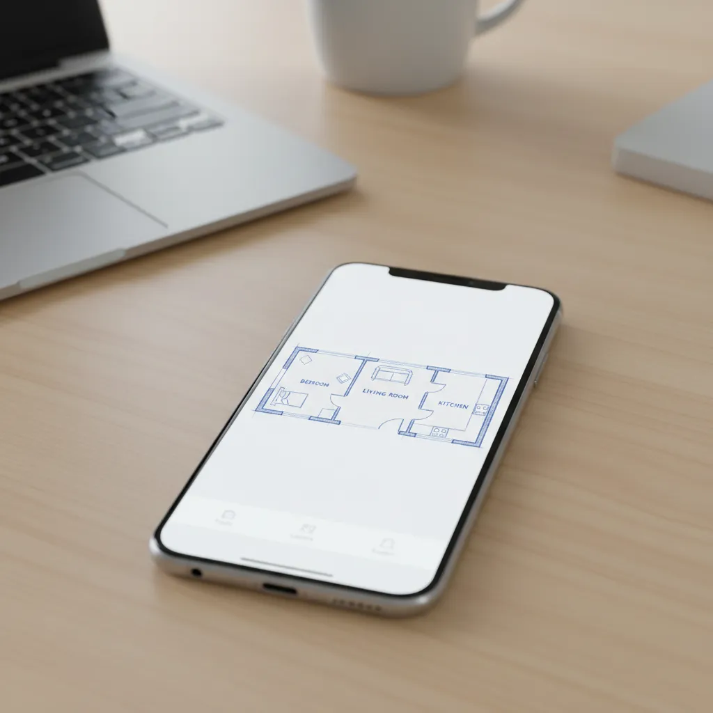 Smartphone on wooden desk displaying simple floor plan sketch with bedroom living room and kitchen