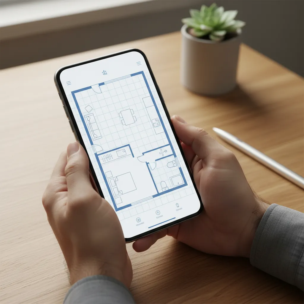 Tampilan aplikasi denah rumah di layar ponsel dengan layout ruangan sederhana