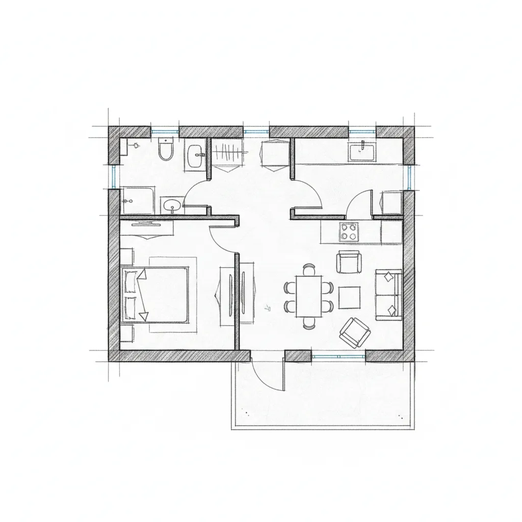 Hand drawn floor plan sketch showing one bedroom, bathroom, kitchen, dining area, and living space