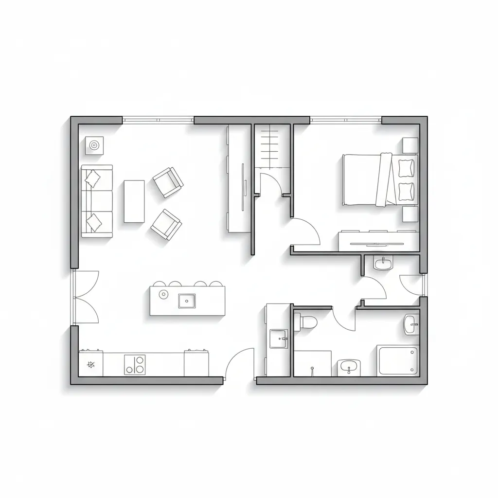 Rectangular room layout including one bedroom and bathroom plus kitchen and living area with furniture
