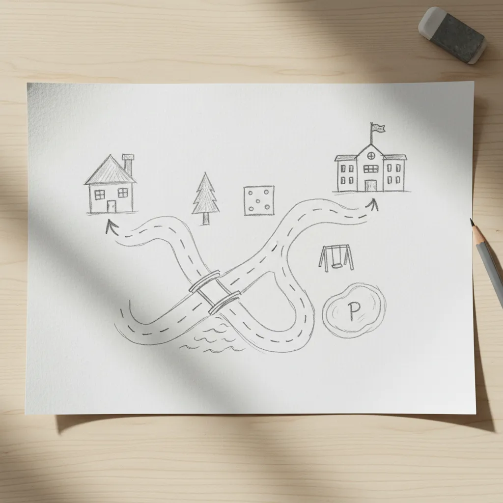 Sketsa awal denah dari rumah menuju sekolah