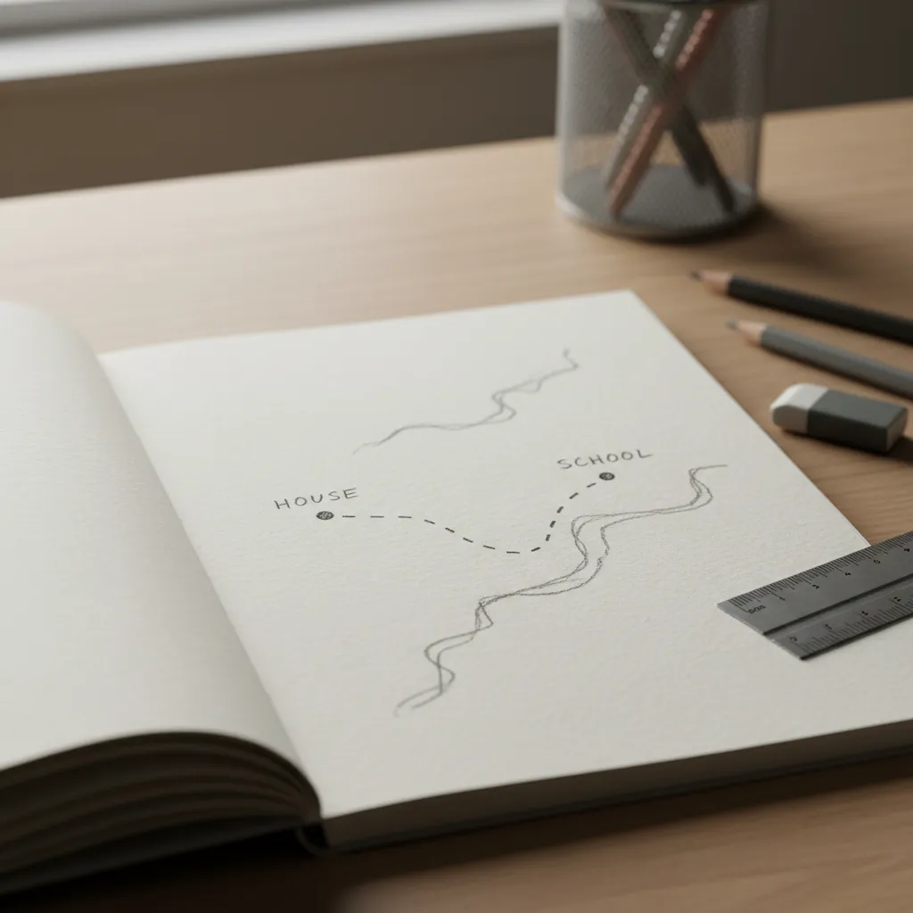 Sketsa awal denah rumah dan sekolah pada kertas