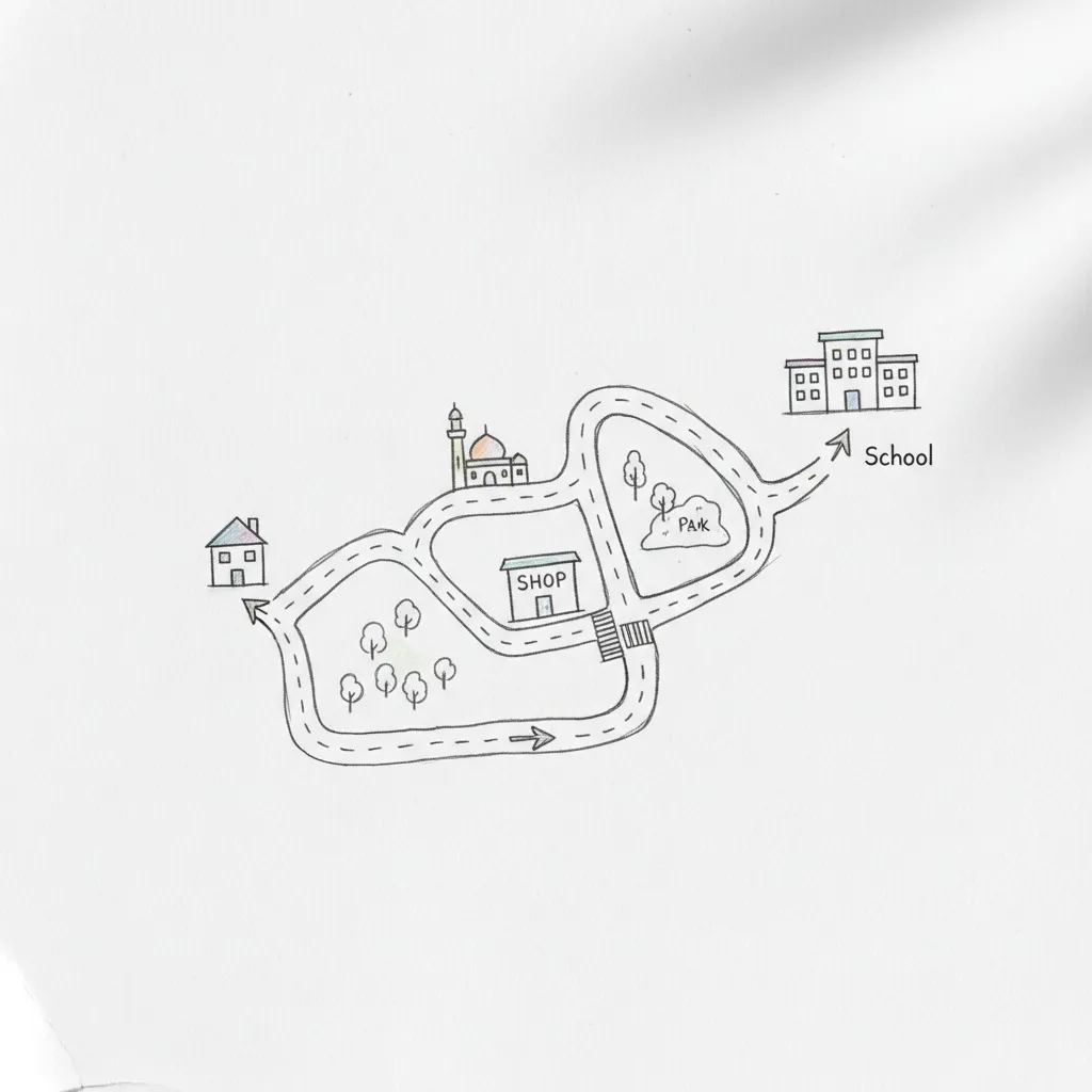 Sketsa denah rute rumah menuju sekolah dengan beberapa patokan lokasi