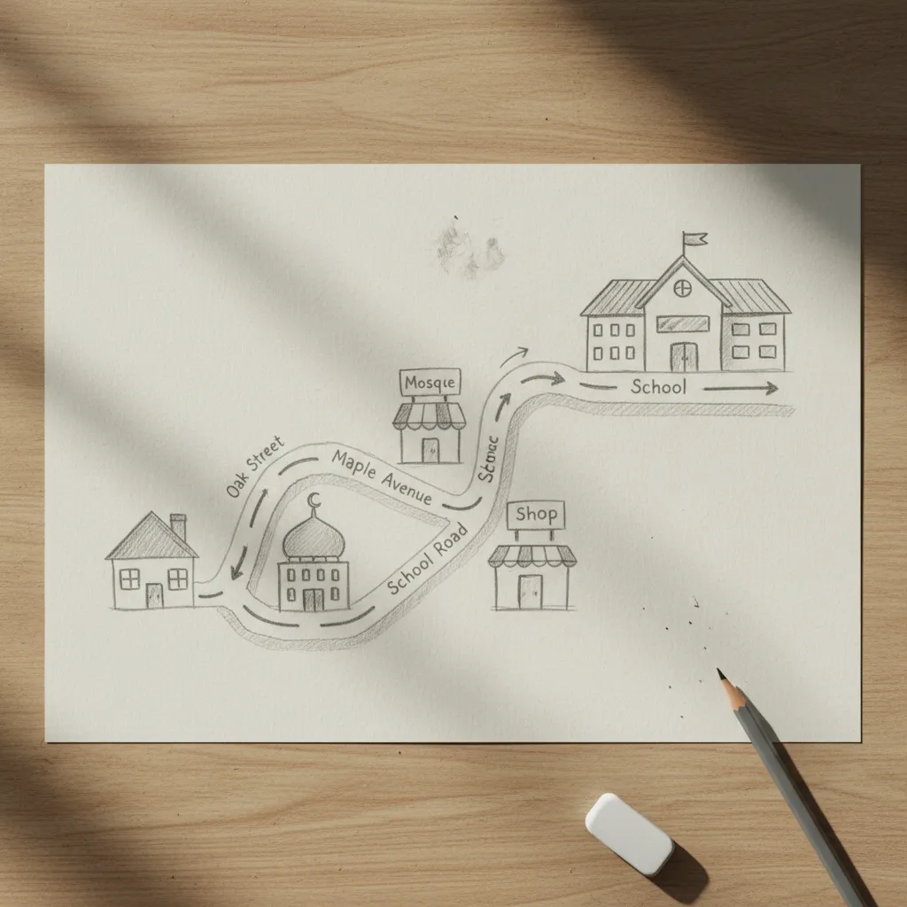 Sketsa denah lokasi sederhana rumah ke sekolah di atas kertas