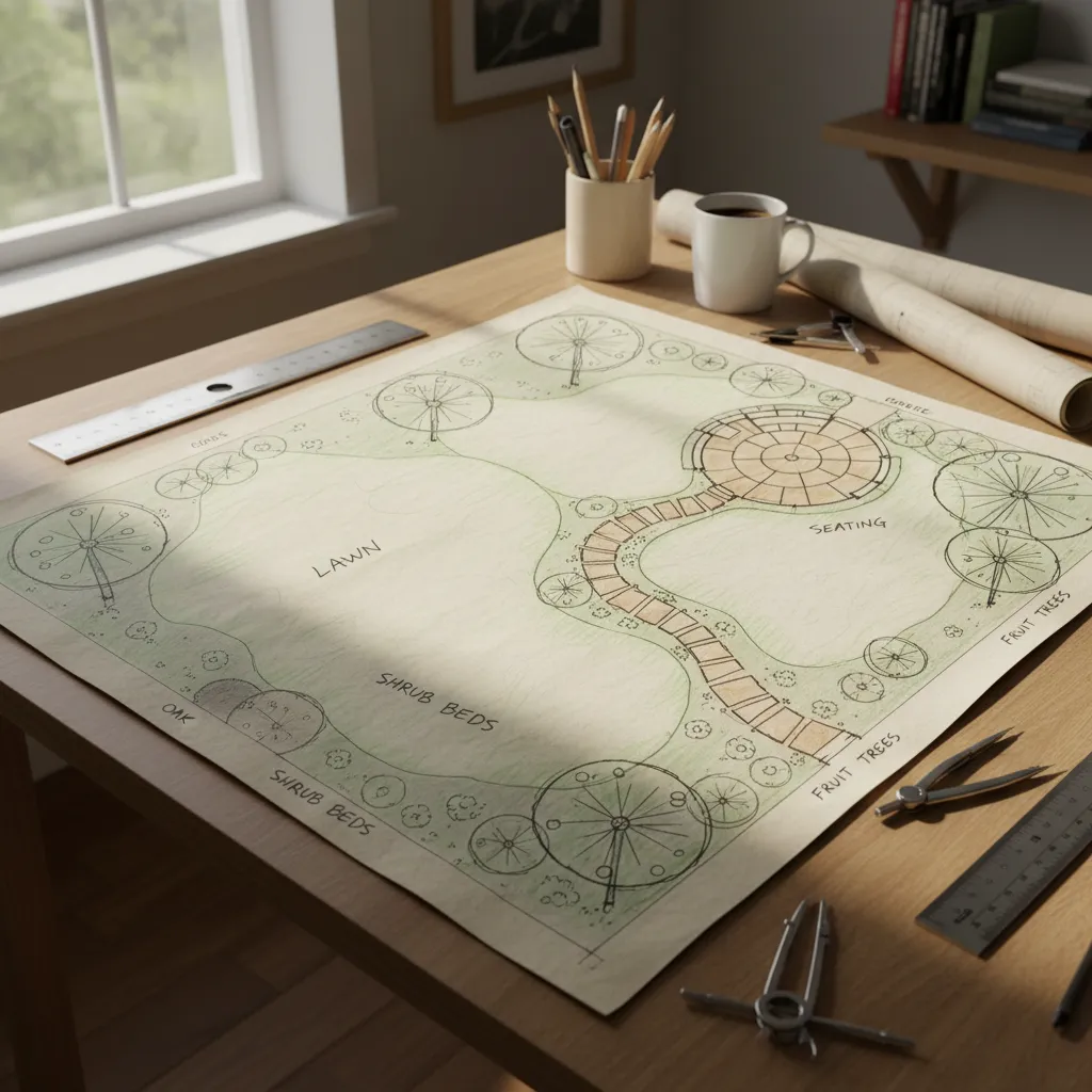 Garden design drawing on wooden desk with ruler pencil compass and a white coffee mug