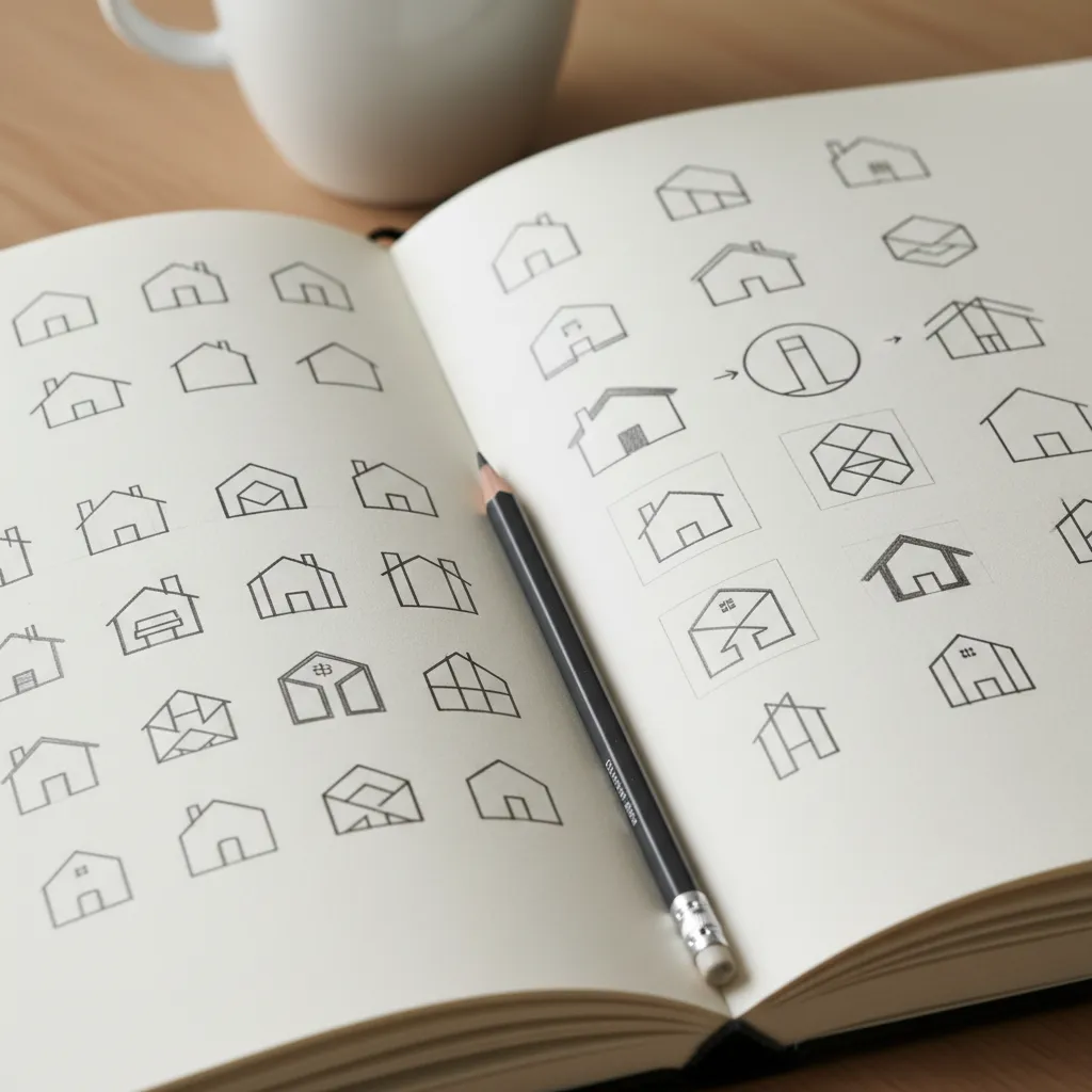 Open notebook filled with various hand-drawn house logo sketches beside a black pencil and coffee