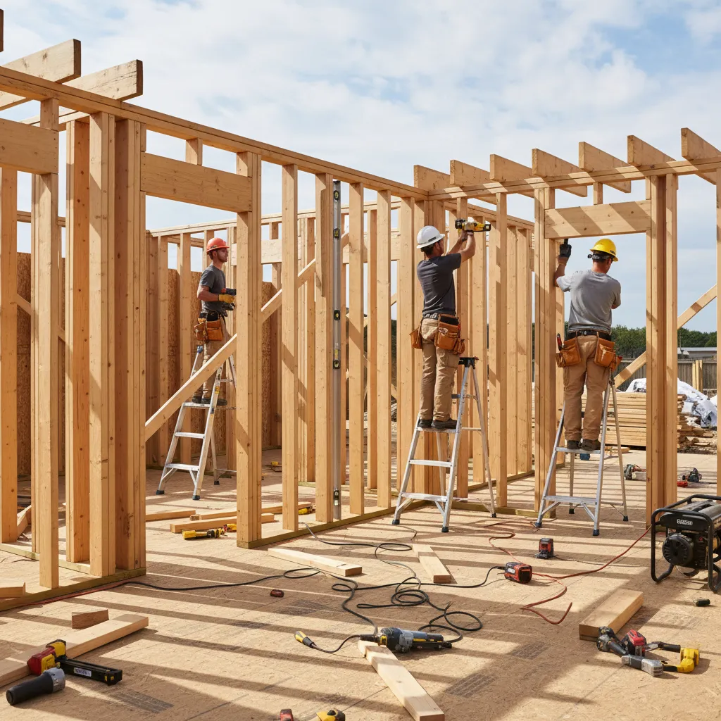 Construction workers installing wood framing for a residential house structure