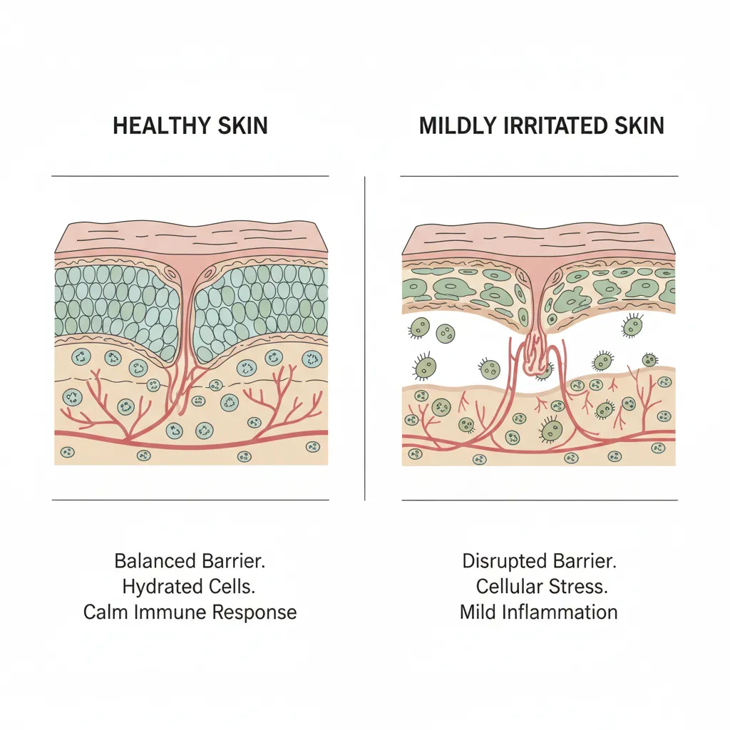 Illustration style comparison showing healthy skin vs irritated skin after chemical exposure