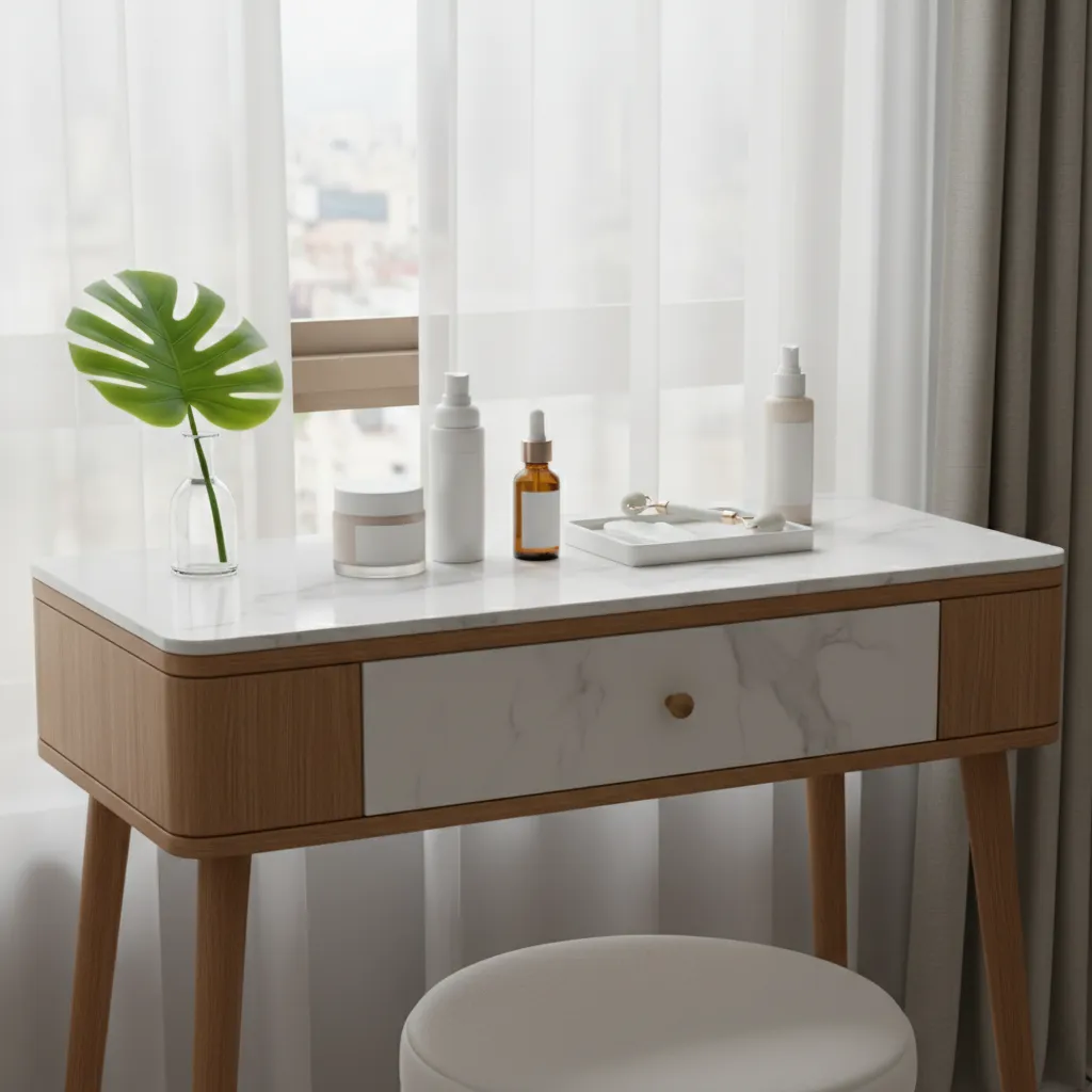 Skincare products on vanity representing barriers before red light therapy