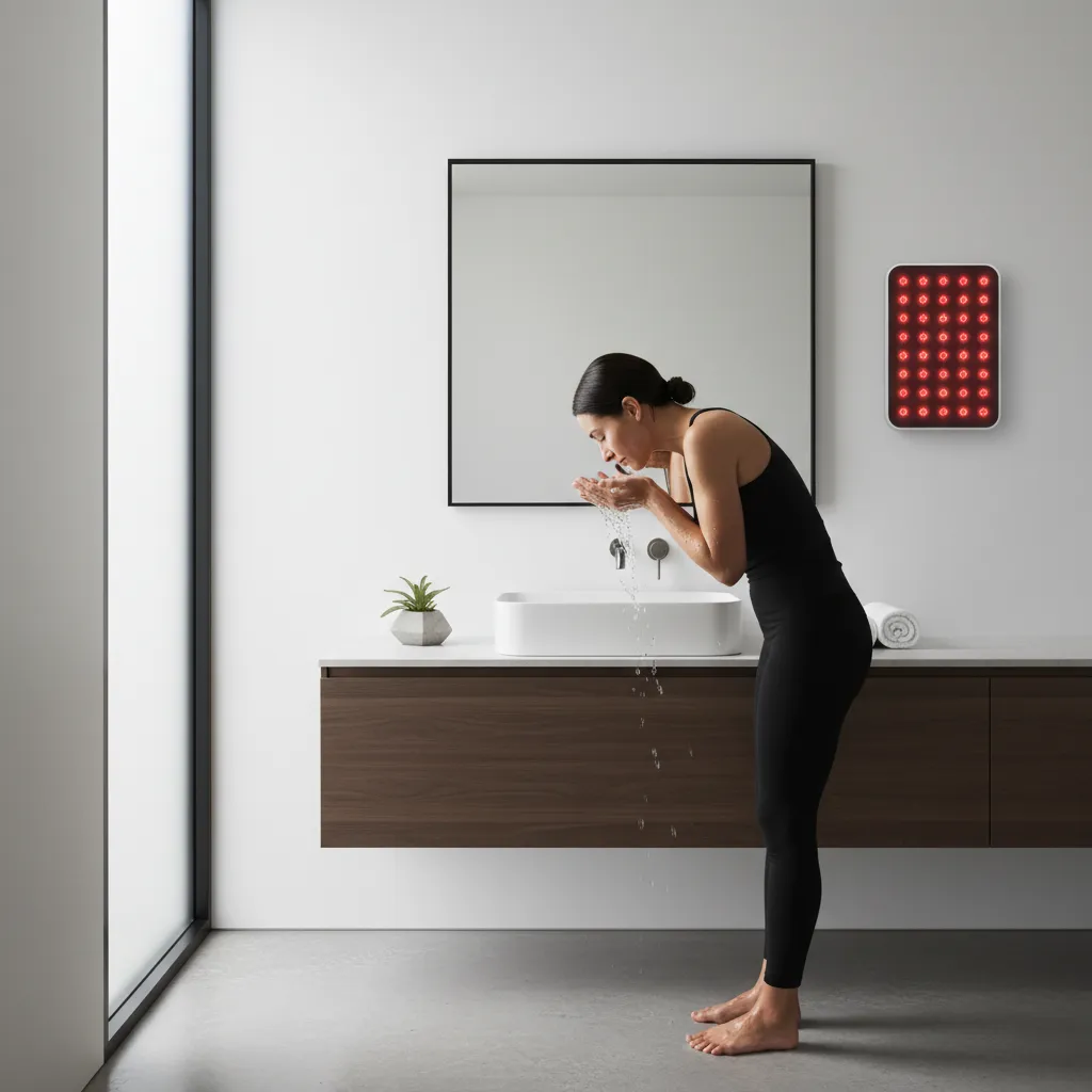 Person cleansing face before red light therapy treatment