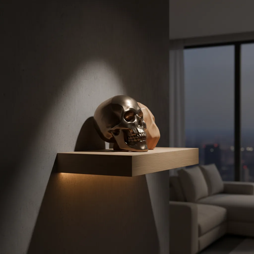 Decorative skull sculpture highlighted with directional accent lighting in modern interior