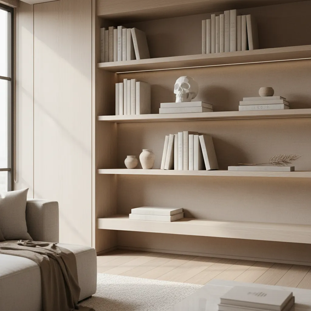 Decorative skull displayed on a styled living room shelf with books and minimal accessories