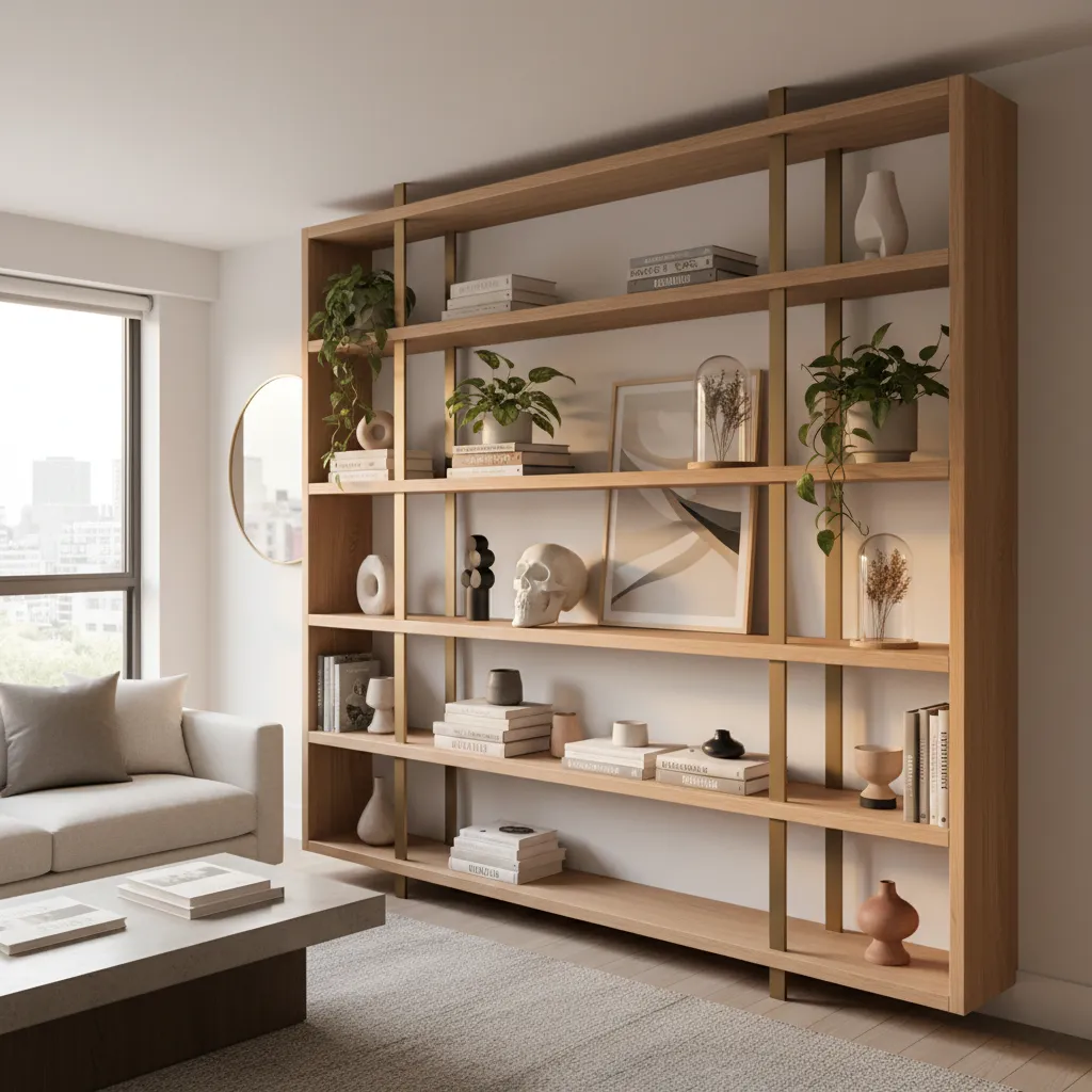 skull decor displayed on a styled bookshelf in a modern living room