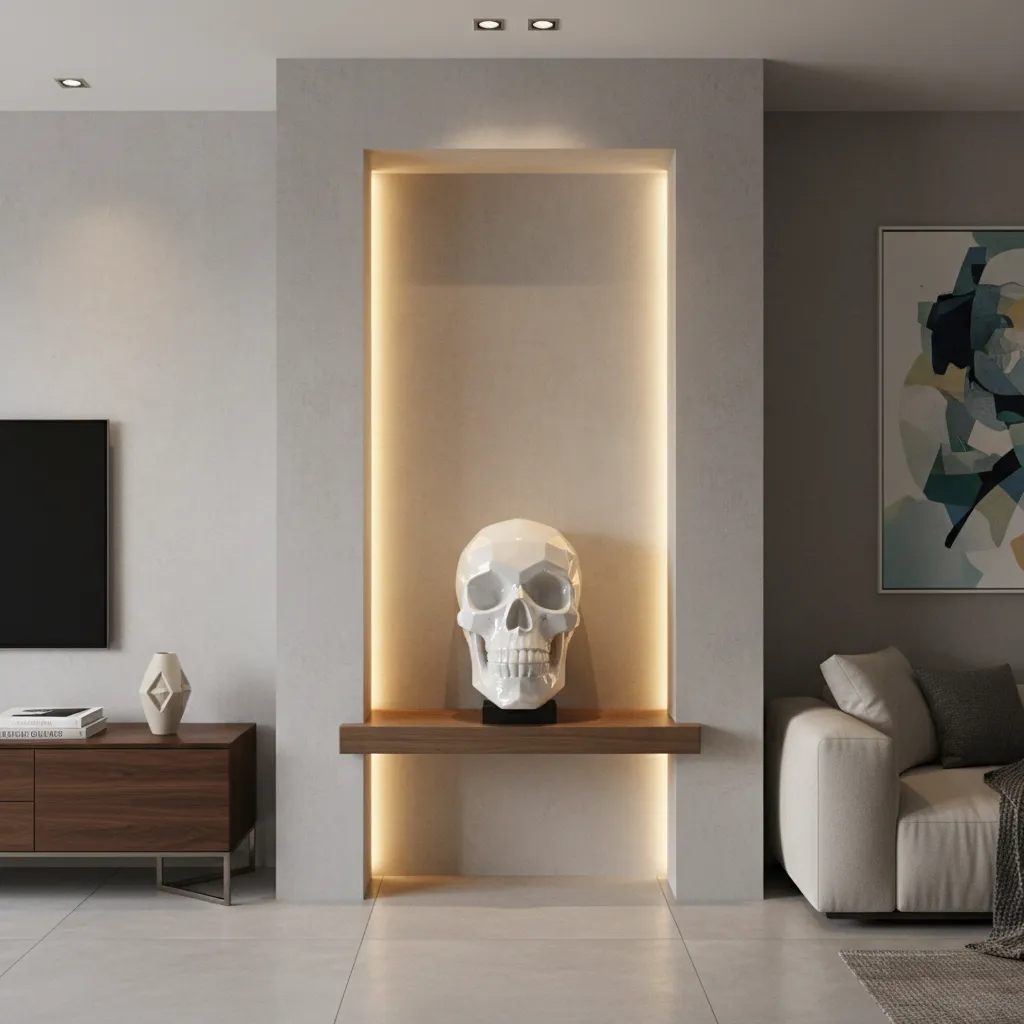 Decorative skull sculpture highlighted by warm shelf lighting in a modern interior