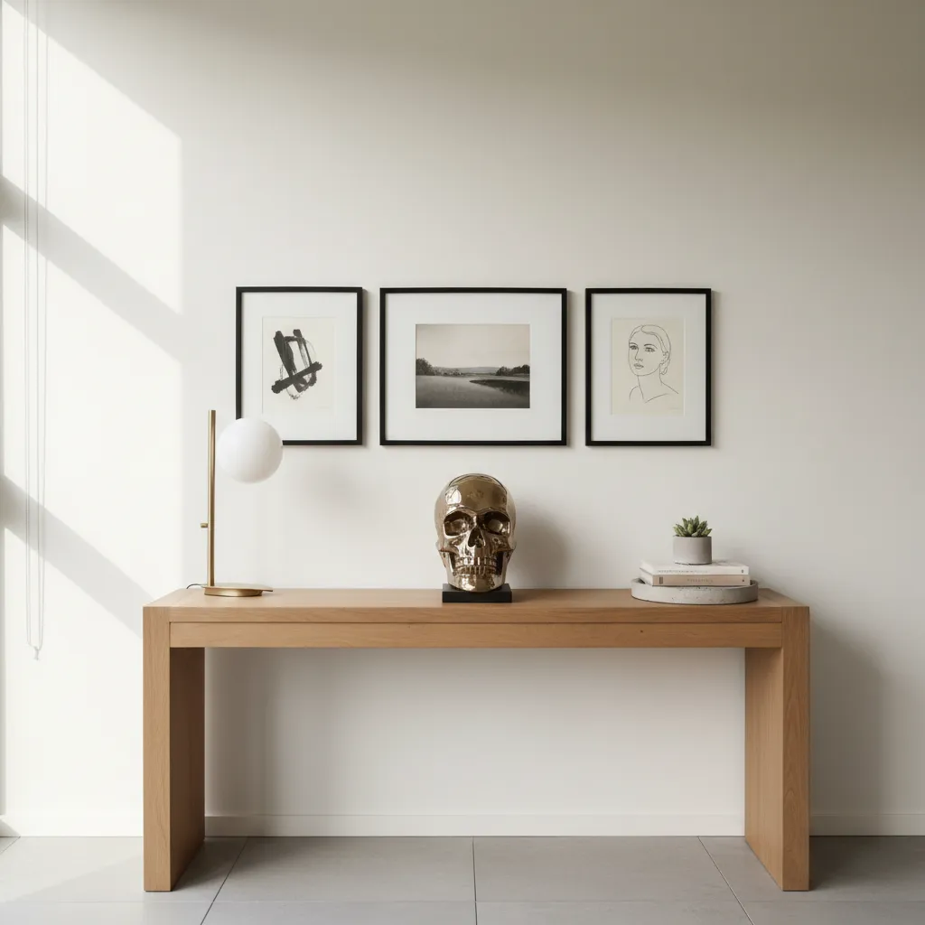 Skull sculpture displayed on entryway console table with modern decor