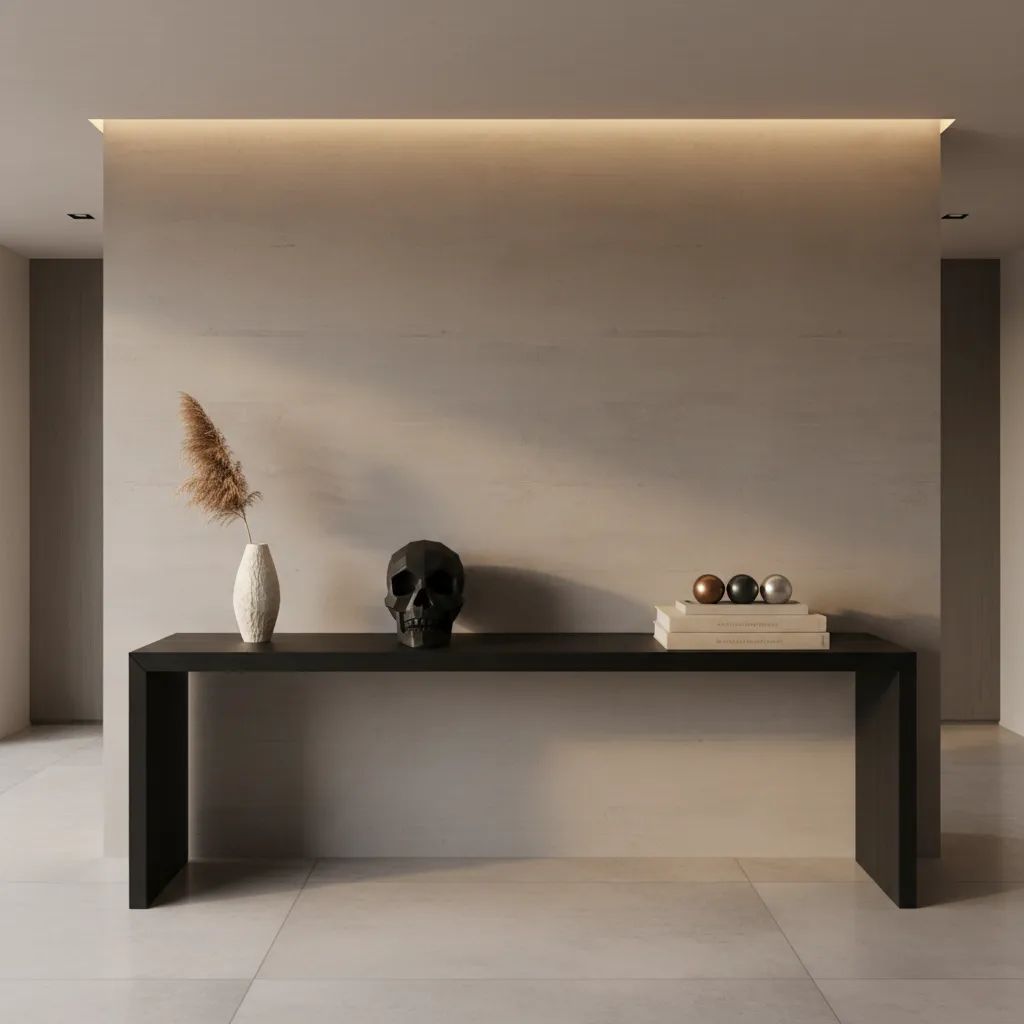 matte black skull sculpture displayed on minimalist console table