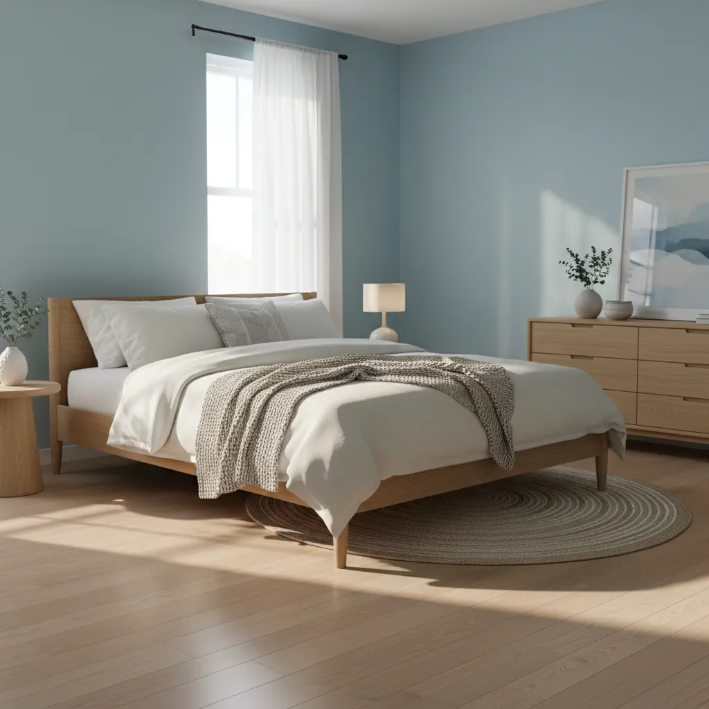 sky blue bedroom with warm white bedding and natural wood furniture